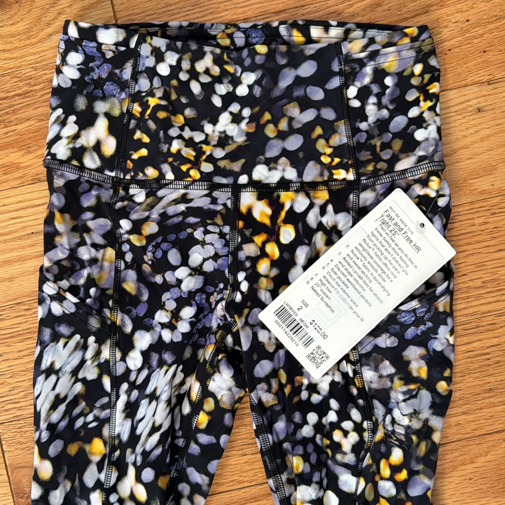 Lululemon black blue and yellow dot leggings NWT Fast and Free HR 25” size 2